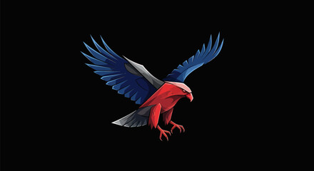 Majestic Eagle with Vibrant Red and Blue Plumage in Flight.