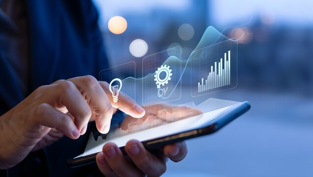 Hands touching smartphone with digital data visualization