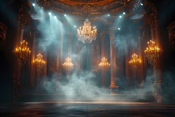 Naklejka premium Grand chandelier lights shining on opera stage high resolution picture