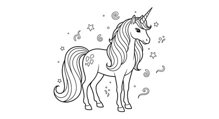 Magical Unicorn Silhouette Surrounded by Glittering Stars and Sparkles Isolated on Black Background