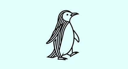 Stylized black and white line art illustration of a walking penguin.