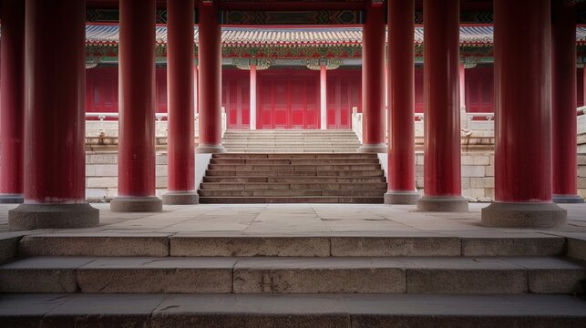 Symmetrical Elegance: Red Columns Guarding Stone Steps to a Platform.