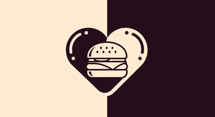 Heart-shaped burger icon on a split background.