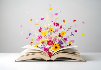 Open book with colorful flowers and petals exploding out