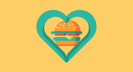 Heart-shaped frame with a delicious burger inside symbolizing love for fast food.