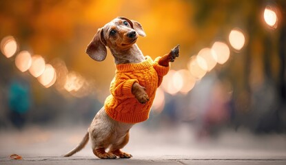 Playful dachshund in orange sweater, standing on hind legs