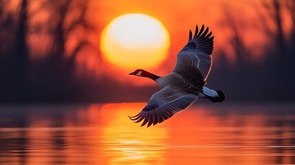 Eye-Level Shot of Goose Flying Over Water at Sunset: Vibrant Orange-Yellow Sun Tones & Silhouette with Water Reflections