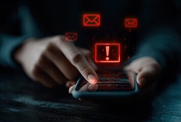 Close-up of hands holding a smartphone with red email symbols and an exclamation point, indicating a potential email threat or security alert