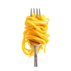 A forkful of vibrant yellow pasta