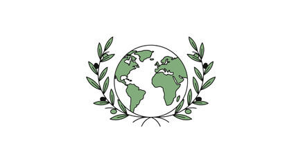 Minimalist Globe Illustration Framed by Olive Branches, Symbolizing Peace, Sustainability, and Global Connection, Suitable for Environmental and Humanitarian Projects