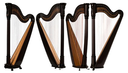 Four harp images, showcasing a musical instrument