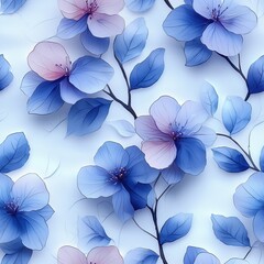 A seamless watercolor pattern featuring soft blue and pink translucent flowers with matching leaves and branches on a clean white background