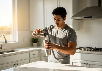 Young man preparing protein shake in bright modern kitchen, pouring powder into shaker, concept of fitness, sports nutrition, healthy lifestyle, bodybuilding, balanced diet and wellness