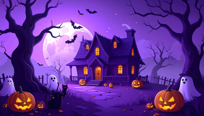 Haunted mansion with glowing pumpkins. Ghosts flying near scary haunted house. Eerie Halloween night with black cats. Haunted house under purple moonlight. Scary pumpkins and haunted forest