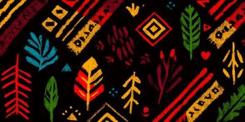 Stickers  A vibrant, multicolored pattern features stylized leaves, trees, and geometric shapes on a dark background.  The bold colors and textured lines create a lively and dynamic design.  © mila