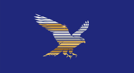 Majestic eagle silhouette with striped pattern wings soaring against a blue sky.