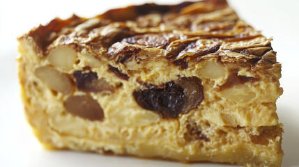 Delicious golden baked tart slice with nuts and fruits. A perfect dessert to enjoy.