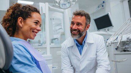 Obraz premium A cheerful dentist engages with a patient during a dental checkup in a modern clinic. The atmosphere is friendly and relaxed.