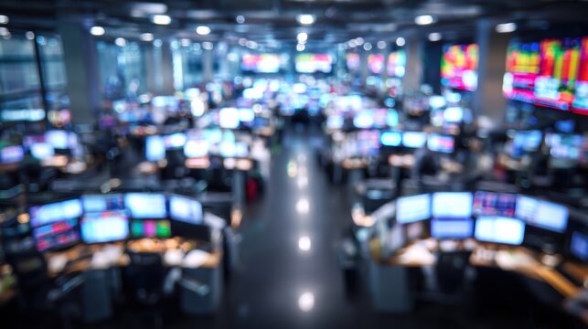 A busy trading floor filled with computer screens displaying stock market data and financial graphics.