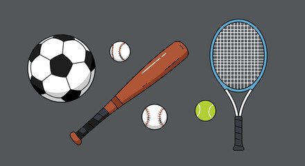 "Flat Vector Sports Equipment Set: Soccer Ball, Baseball Bat, Tennis Racket, and More"