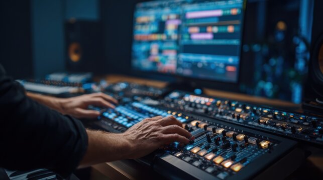 A close-up of a sound engineer's hands adjusting controls on a professional audio mixer in a modern studio.