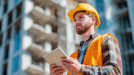 A construction worker in a safety helmet and vest uses a tablet on a building site, overseeing project progress.