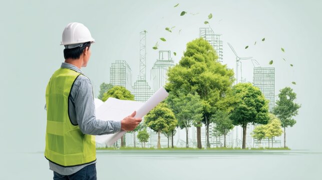 A construction worker evaluates blueprints in front of a green cityscape blending nature with modern architecture.