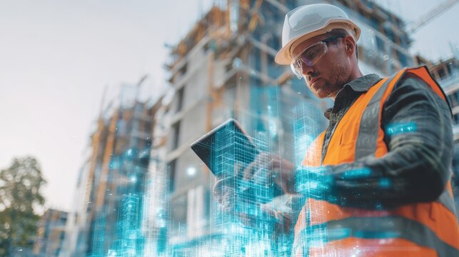 A construction worker uses a tablet, surrounded by a building site, showcasing modern technology in the industry.