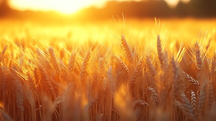 Golden Wheat Field in Sunset/Sunrise Warm Light: Clear Fine Ears in Foreground & Blurred Golden-Orange Light Source