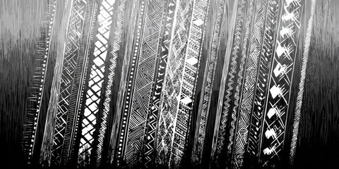 Abstract design with vertical stripes of intricate patterns in grayscale, suggesting a tribal or ethnic motif.  The textured effect adds depth and visual interest.