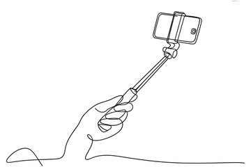 Hand holding a selfie stick with a smartphone attached