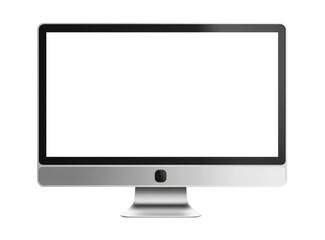 Silver computer monitor with blank white screen.  A flat, rectangular display with a silver frame and base.  The screen is completely white