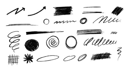 Pencil brush crayon marker chalk texture line stroke element set. 
