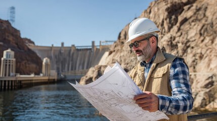 A focused engineer examining blueprints near a large dam, showcasing planning and construction in the industry.