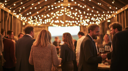 Guests socializing under string lights at rustic barn event
