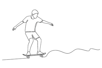 Sketch of a person skateboarding with a wavy line trail