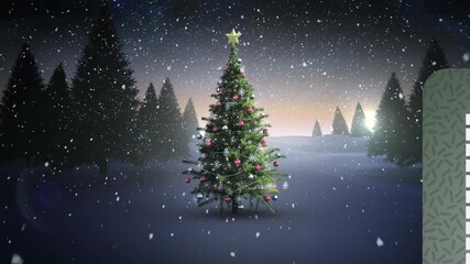 Animation of snow falling over christmas tree and winter landscape - Powered by Adobe