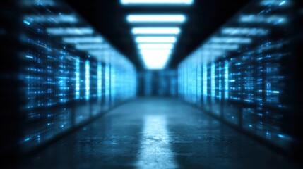 Fototapeta premium A futuristic data center hallway showcasing rows of glowing servers and advanced technology in a sleek environment.