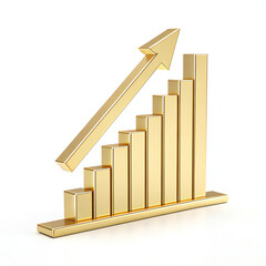 Golden bar graph with upward trending arrow symbolizing financial growth, success, profit increase, and positive economic performance on a clean white background