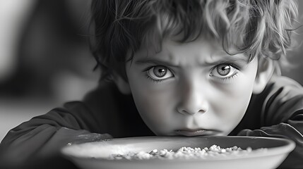 Black & White Close-Up Portrait of Young Child (Likely Boy): Messy Hair, Serious Expression, Bowl with Light Granules