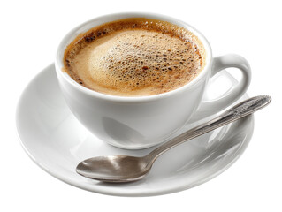 Fototapeta premium A single cup of espresso, steaming, in a white ceramic cup and saucer. A silver spoon rests beside it