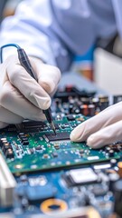 Gloved hands testing circuit board