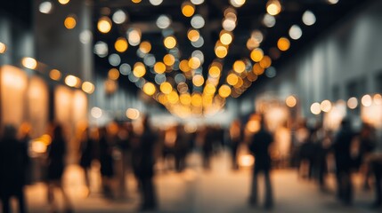 A lively business event showcasing people networking under warm, glowing lights in a spacious venue.