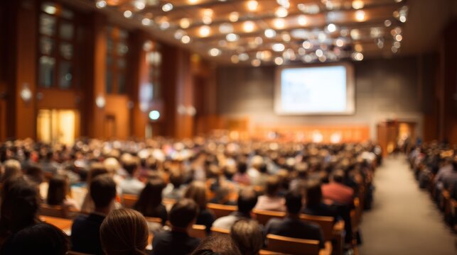 A large audience attentively listening in a spacious conference hall during an important presentation or event. - Powered by Adobe