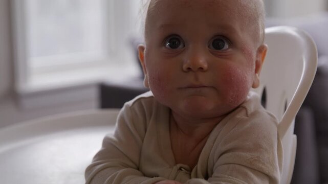 Infant boy with eczema scratching rash on arm - tilt up to look directly into camera
