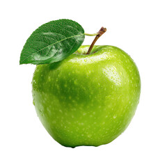 Close-up of a vibrant green apple with a single leaf.  The apple's skin is smooth and glossy, reflecting light.  Dark background