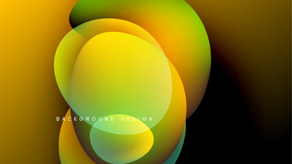 Abstract fluid shapes blend, creating vibrant yellow, green hues. Dark background emphasizes colorful forms, modern design element.