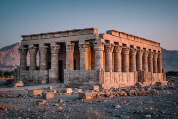 Obraz premium Ancient Egyptian Temple at Dusk with Pillars and Desert Landscape