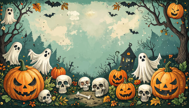 Spooky Halloween pumpkins and ghosts. Festive autumn with pumpkins and skulls. Ghosts and pumpkins for Halloween fun. Halloween pumpkins, ghosts, and bats. Pumpkin patch with spooky Halloween vibes