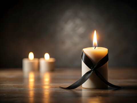 A candle with a black ribbon symbolizing mourning, grief, and remembrance of a lost loved one